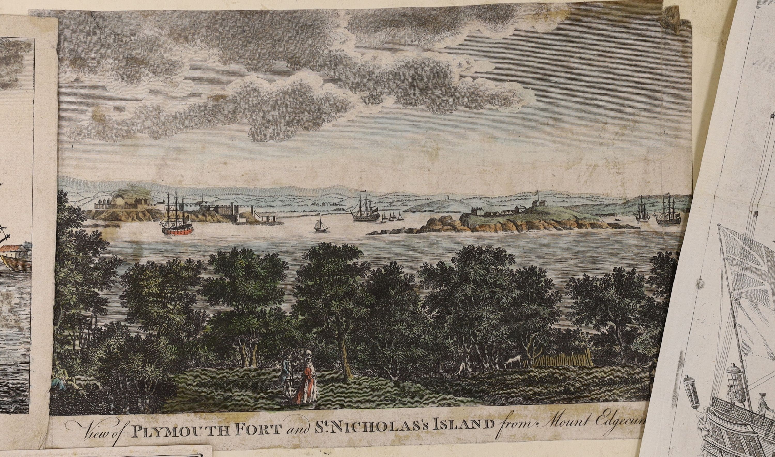 Baillie after Van de Velde, engraving, warships at sea, 1761, 18 x 31cm. an engraving of a warship inscribed 'Rule Britannia', 38 x 44cm, a John Charnock engraving, 'The Captain A British Third Rate. 1678', 28 x 60cm. an